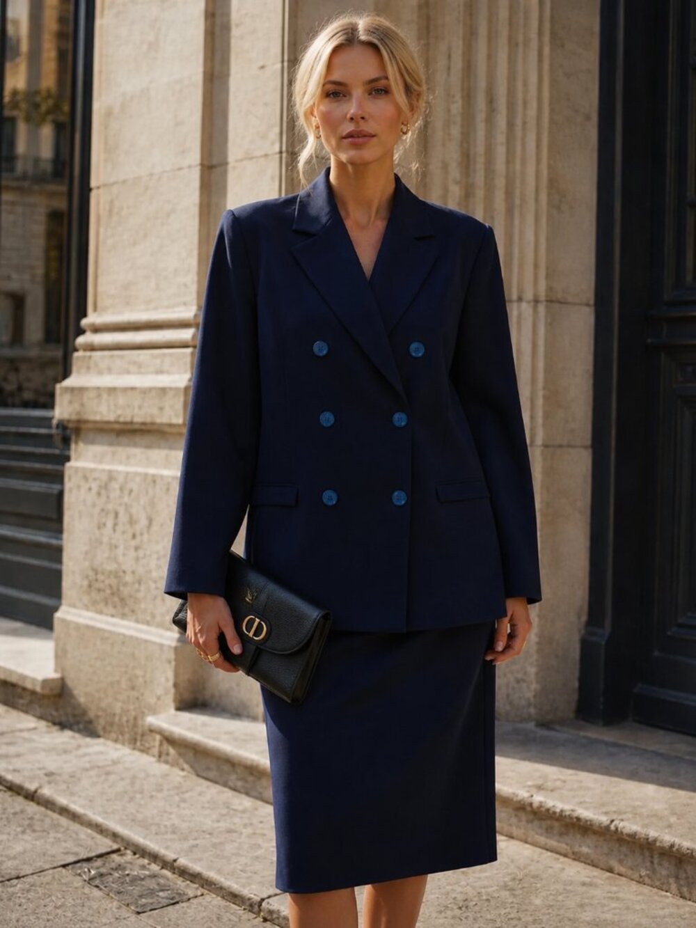 VINTAGE CHRISTIAN DIOR Navy Wool Skirt Suit 12 14 Double Breasted Blazer Set